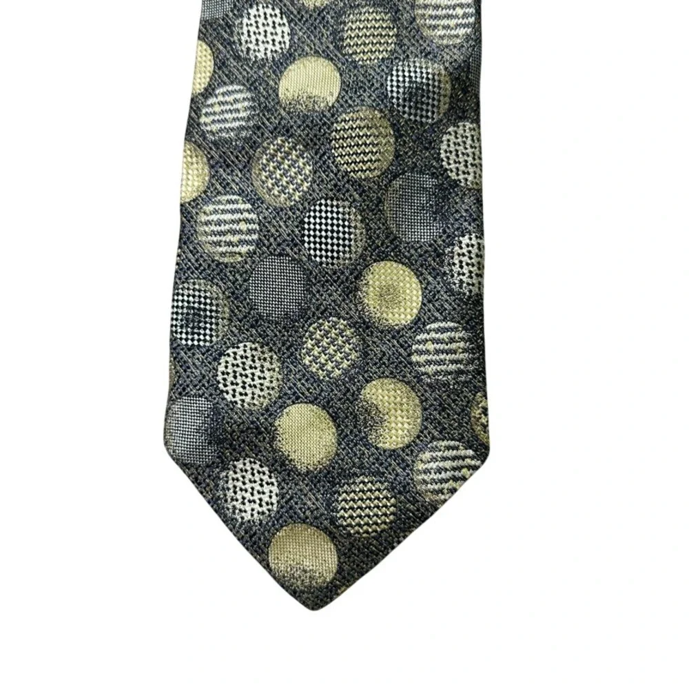 Michael Jacobs for Wilsons Mens Silk Tie Gold Black Grey Geometric Circle USA